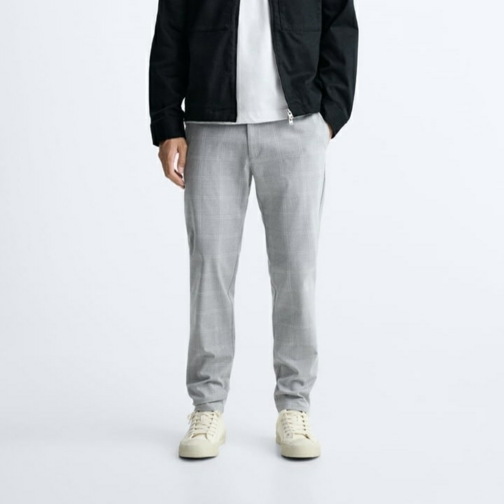 NEW Zara Light Gray Plaid Slim Fit Stretch Pants AS IS